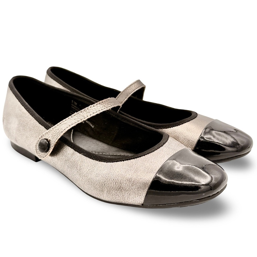 Born Khelda Mary Jane Flats Pewter Metallic Black Patent Cap Toe WMN 8.5 Leather